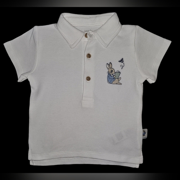 M&S Peter Rabbit Baby Boy Polo Top White Waffle Knit Cotton Embroidered Sz 6/9 M - Picture 1 of 9